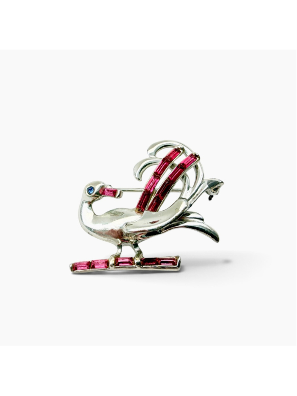 Vintage Bird Brooch, Pink Rhinestone Bird Pin, Silver Tone Figural Brooch